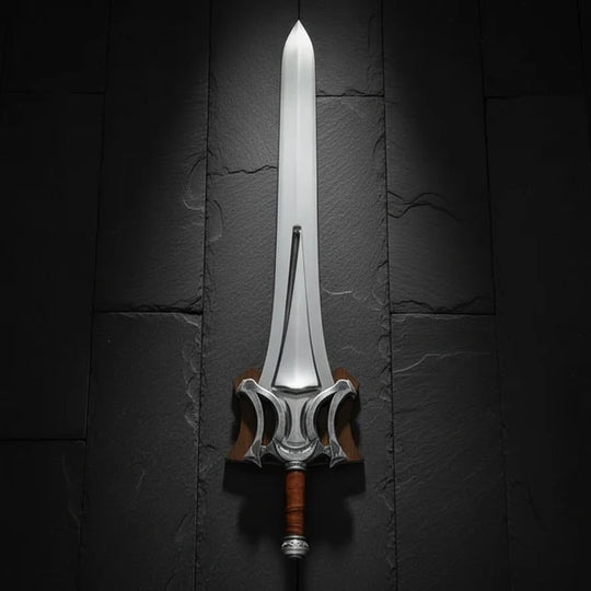 Fantasy Medieval Broad Sword with Ornate Silver Guard &amp; Leather Grip
