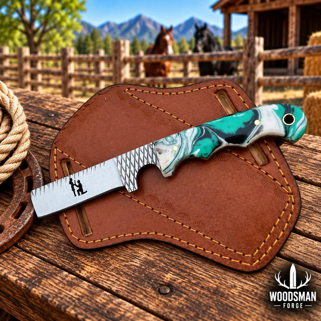 A fixed-blade knife with a marbled green, white, and black handle and a textured silver blade, resting on a brown leather sheath on a rustic wooden table. The background shows a blurred outdoor ranch scene with horses and mountains.