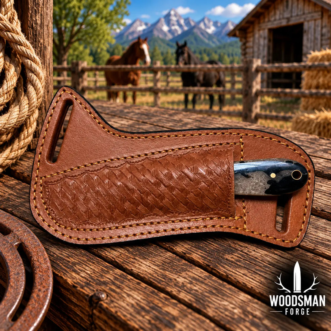 A brown leather knife sheath with a woven texture, holding a knife with a dark handle, resting on a rustic wooden table with a barn, horses, and mountains in the background. The &