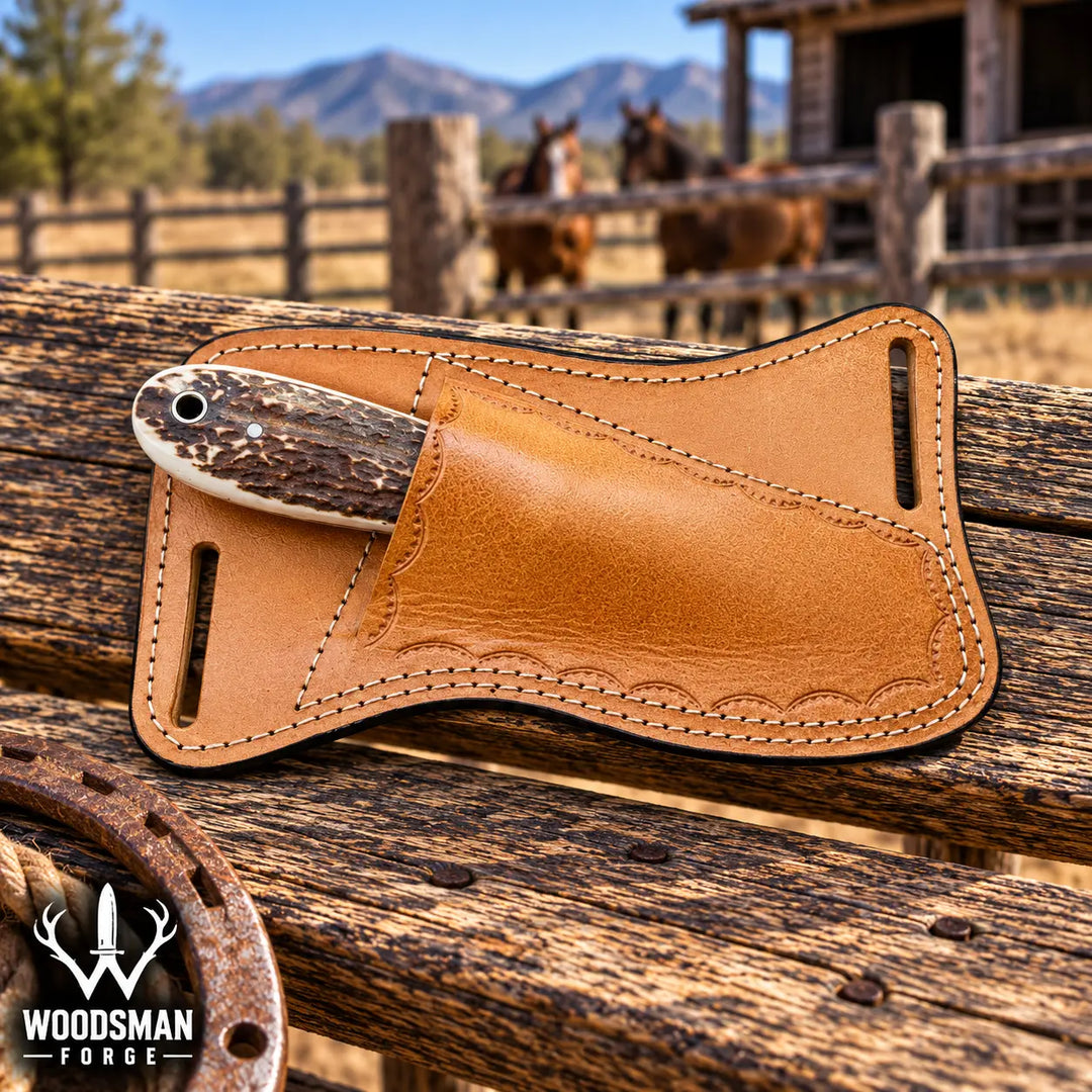 A tan leather knife sheath holding a small knife with a marbled bone handle, resting on rustic wooden fence rails outdoors with horses and mountains blurred in the background. Woods Forge logo appears in the lower left corner.