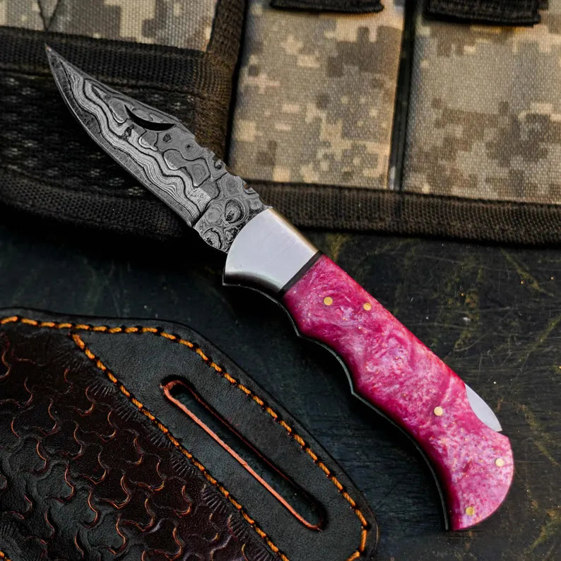 Handmade Damascus Folding Pocket Knife with Resin Handle