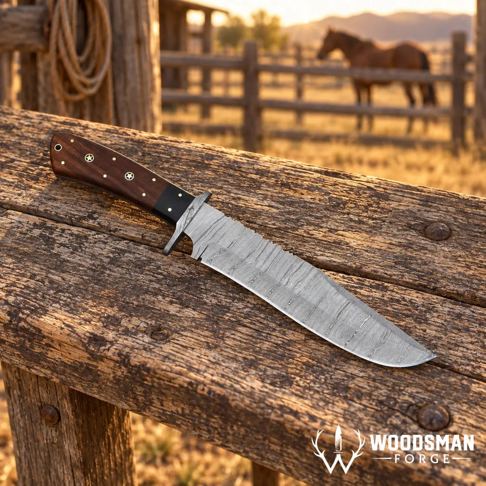 A large fixed-blade knife with a textured silver blade and a dark brown wooden handle lies on a weathered wooden fence rail in an outdoor ranch setting with a horse in the background. The Woodsman Forge logo is visible in the bottom right corner.