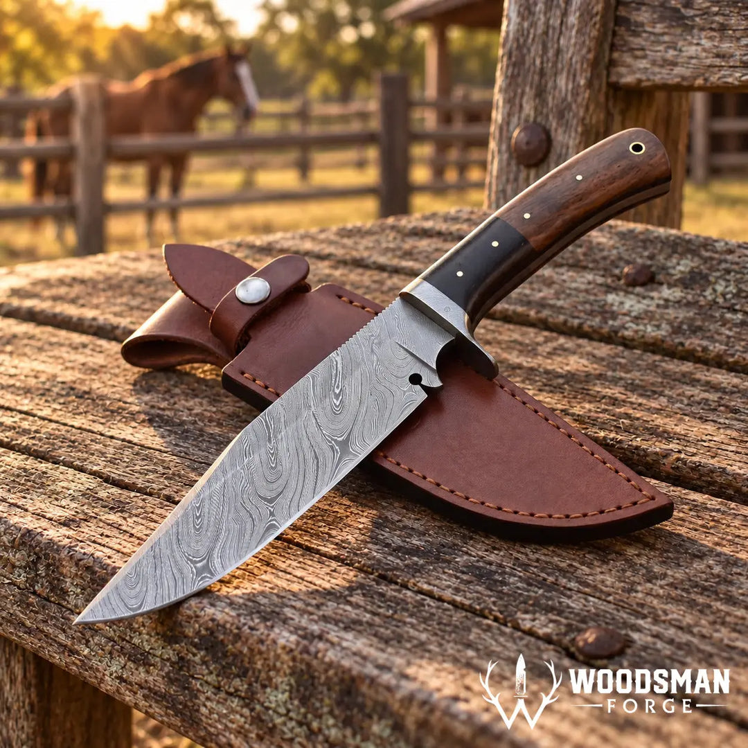 A fixed-blade knife with a patterned steel blade and dark wood handle rests on a brown leather sheath on a rustic wooden bench. A horse and fence are blurred in the background at sunset.