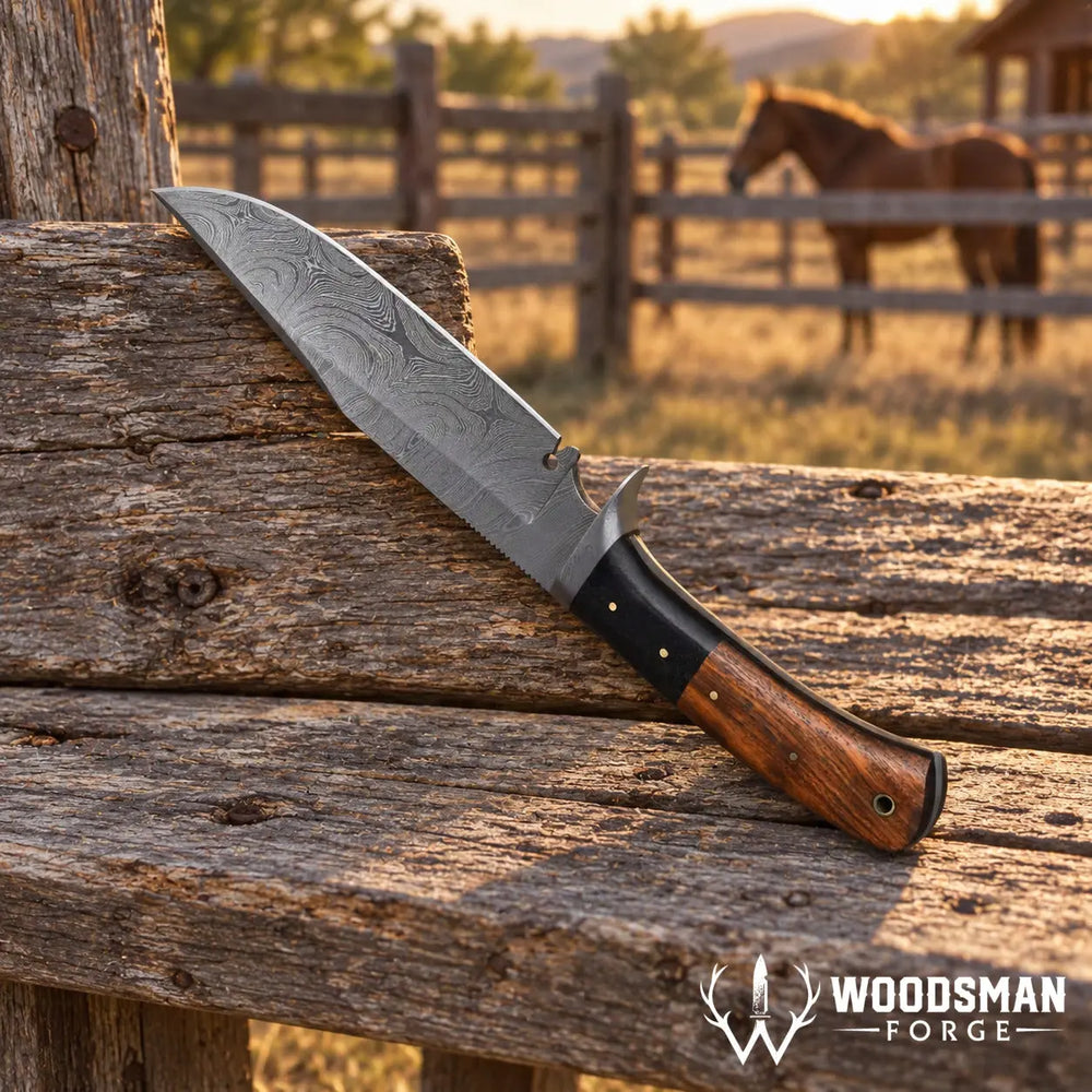 A fixed-blade hunting knife with a patterned steel blade and a brown wood handle rests on a rustic wooden fence in an outdoor field at sunset, with a horse visible in the background. The Woodman Forge logo is shown in the bottom right corner.