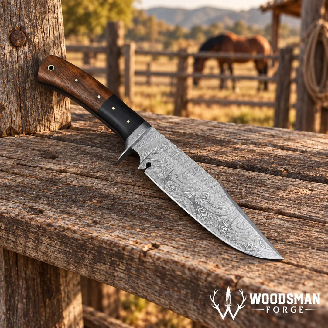 A fixed-blade knife with a patterned Damascus-style steel blade, a black handle section, and a brown wooden handle rests on a weathered wooden fence rail outdoors, with a horse and fence visible in the blurred background. The Woodsmen Forge logo appears in the bottom right corner.