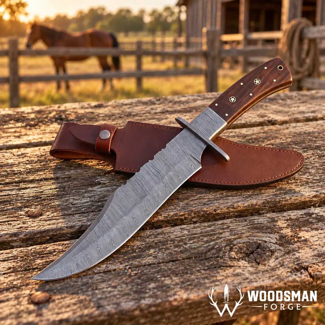 A fixed-blade hunting knife with a patterned steel blade and a brown wooden handle lies on a rustic wooden table next to a brown leather sheath. The background shows a blurred outdoor scene with a horse and a barn, and the Woodman Forge logo is visible in the bottom right corner.