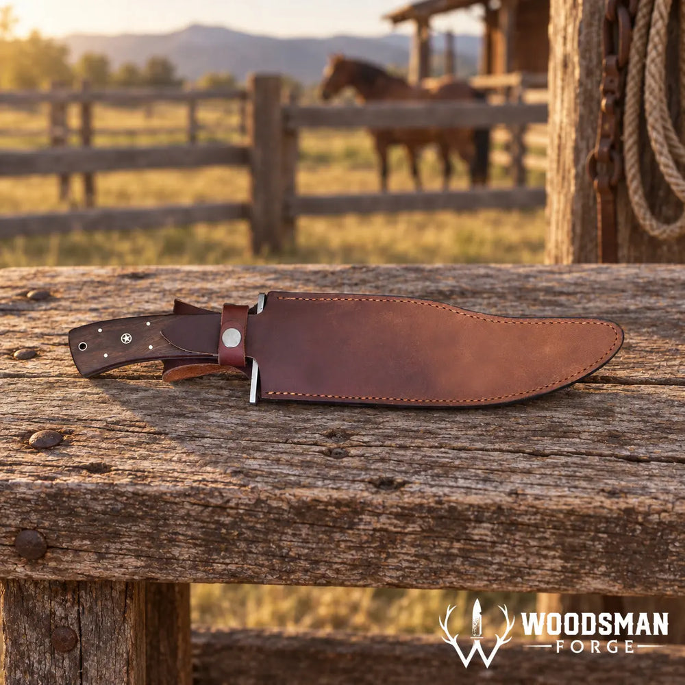 A wooden-handled knife resting in a brown leather sheath on a rustic wooden bench, with a horse and fence visible in the blurred background. The Woodman Forge logo appears in the bottom right corner.