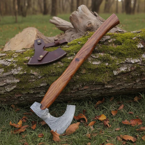 Hand Forged Damascus Viking Bearded Axe with Rosewood Handle