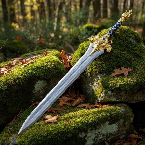Royal Lion Guard Broad Sword with Blue Leather Handle &amp; Ornate Gold Details