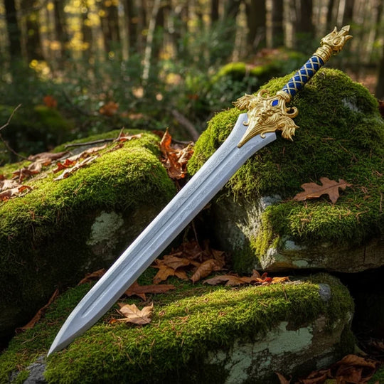 Royal Lion Guard Broad Sword with Blue Leather Handle &amp; Ornate Gold Details