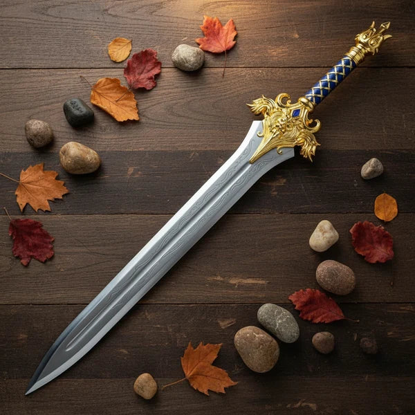 Royal Lion Guard Broad Sword with Blue Leather Handle &amp; Ornate Gold Details