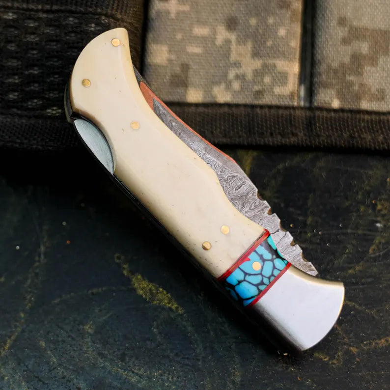 Damascus San Mai Knife with Camel Bone Handle