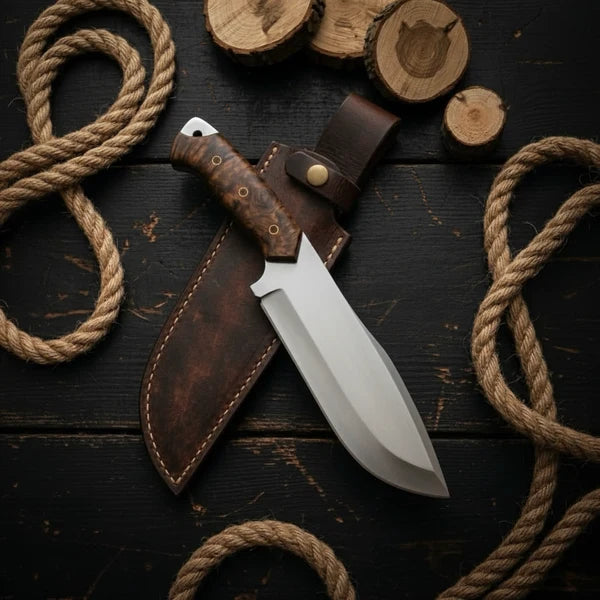 Handmade D2 Steel Bowie Knife – Stabilized Burl Wood Handle &amp; Leather Sheath