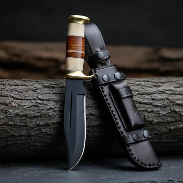 Handmade Fixed Blade Hunting Knife – Stacked Leather Handle &amp; Black Leather Sheath
