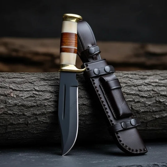 Handmade Fixed Blade Hunting Knife – Stacked Leather Handle &amp; Black Leather Sheath