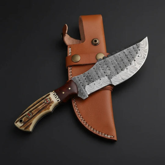 Hand Forged Damascus Tracker Knife with Genuine Stag Antler Handle