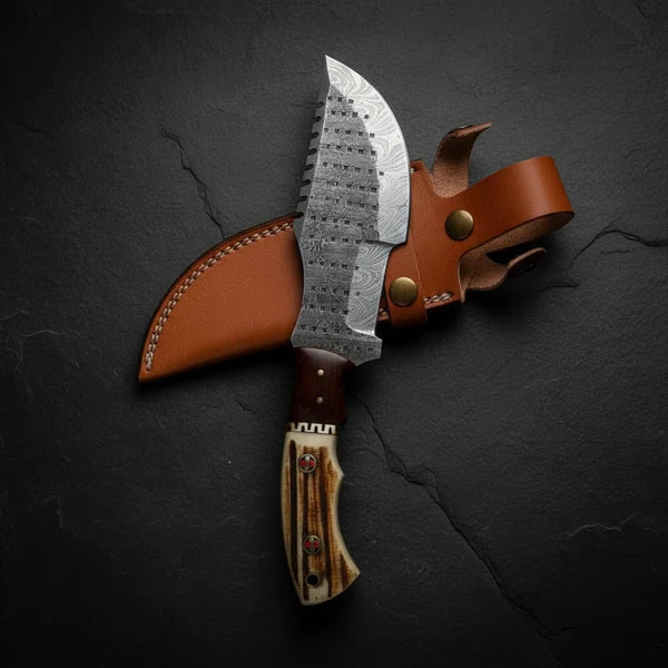 Hand Forged Damascus Tracker Knife with Genuine Stag Antler Handle