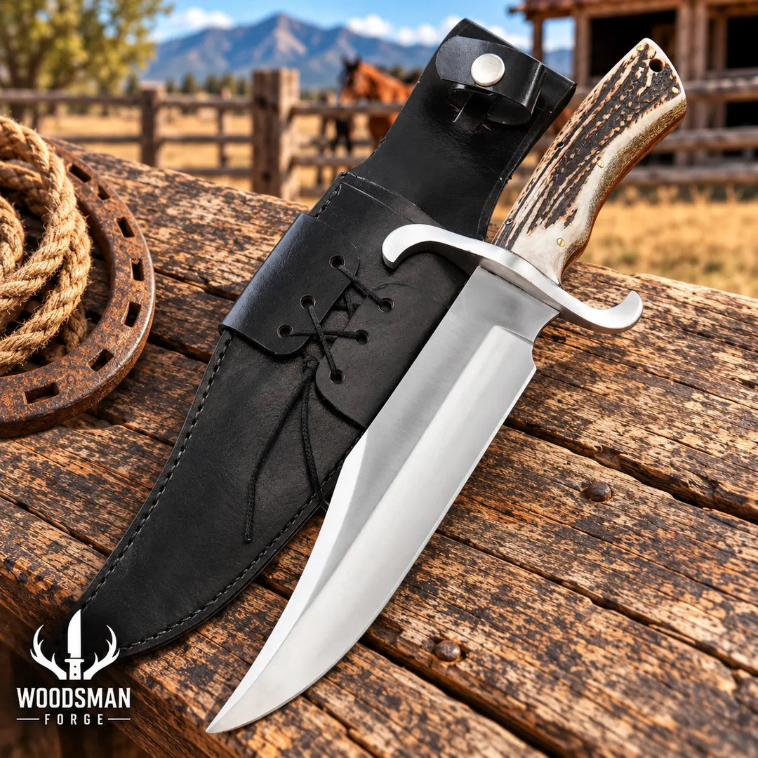A fixed-blade hunting knife with a polished silver blade and an antler-style handle, shown resting on a rustic wooden surface beside a black leather sheath. A blurred outdoor ranch scene with mountains and a horse is visible in the background.
