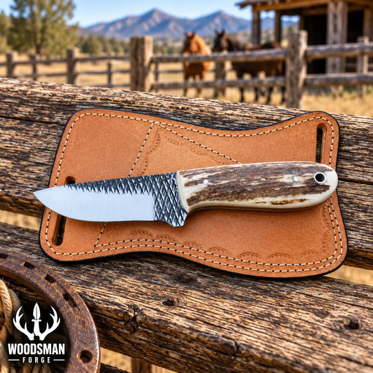 A fixed-blade knife with a patterned steel blade and antler-style handle rests on a tan leather sheath, placed on a rustic wooden fence with horses and mountains blurred in the background. Woods Forge logo appears in the lower left corner.