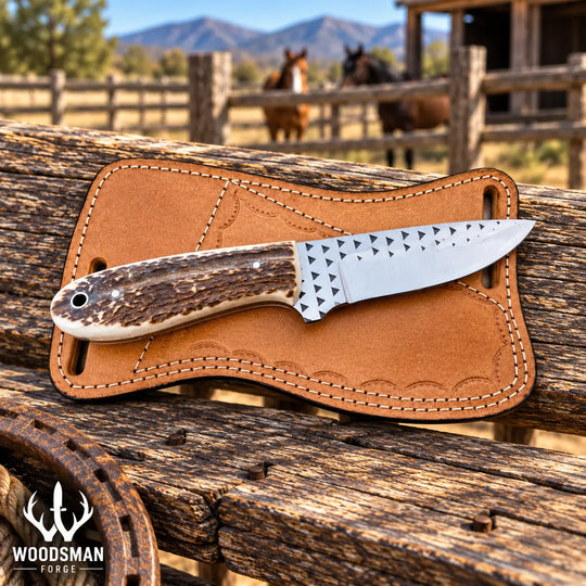 A fixed-blade knife with a stag-bone handle and patterned steel blade rests on a tan leather sheath placed on a rustic wooden log outdoors, with horses and mountains blurred in the background. Woods Forge logo appears in the lower left corner.
