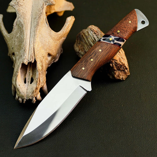 A fixed-blade knife with a polished silver blade and a brown wood-grain handle with gold-toned pins and a black-and-white inlay, displayed diagonally on a dark textured surface next to a deer skull and wood prop.