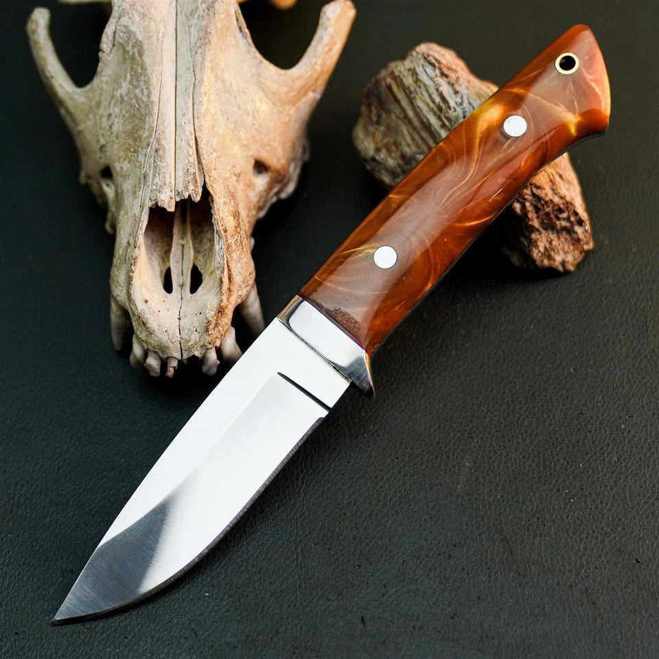 8.6" Handmade Stainless Steel Hunting Knife – Full Tang Resin Handle &amp; Sheath