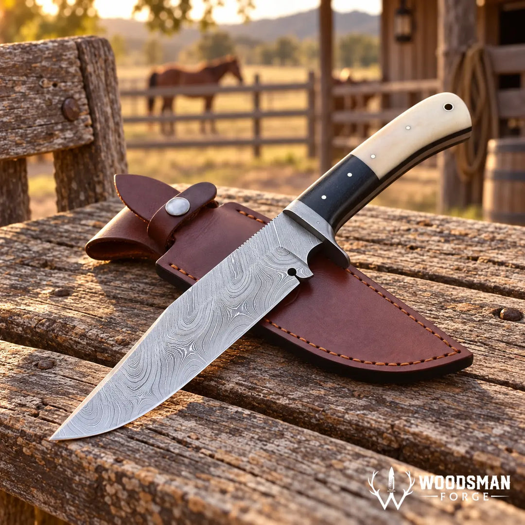 A fixed-blade knife with a patterned steel blade, cream handle, and black bolster rests on a brown leather sheath on a rustic wooden table, with a blurred outdoor ranch scene in the background. The Woodman Forge logo is visible in the bottom right corner.