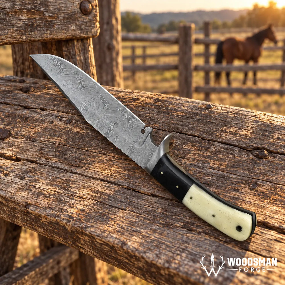 A fixed-blade knife with a patterned Damascus-style steel blade, a black bolster, and a cream-colored handle rests on a rustic wooden fence rail in an outdoor ranch setting with a horse in the background. The Woodman Forge logo is visible in the bottom right corner.