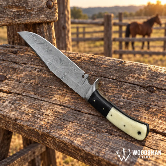 A fixed-blade knife with a patterned Damascus-style steel blade, a black bolster, and a cream-colored handle rests on a rustic wooden fence rail in an outdoor ranch setting with a horse in the background. The Woodman Forge logo is visible in the bottom right corner.