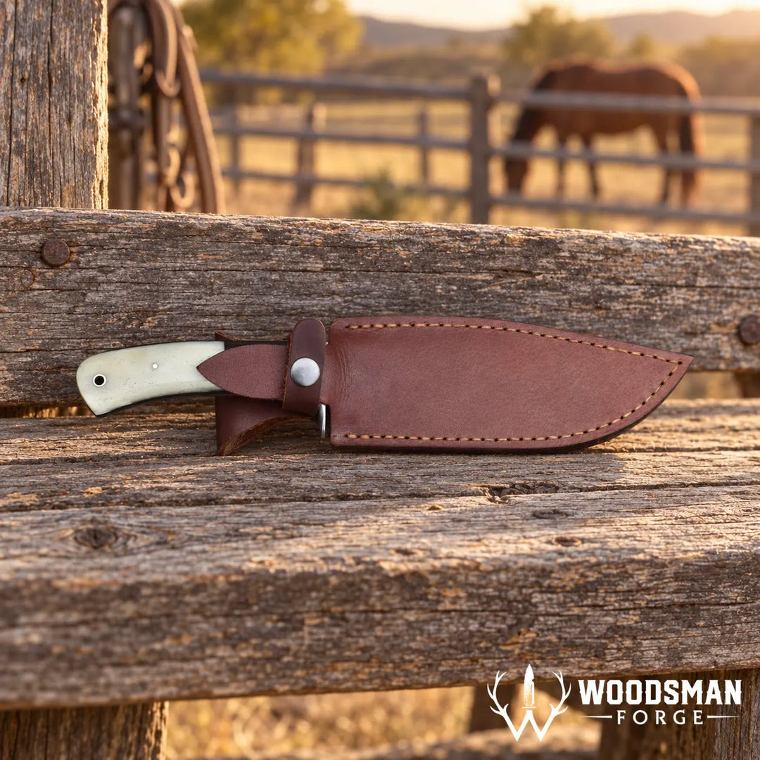 A fixed-blade knife with an off-white handle and a brown leather sheath rests on a rustic wooden fence, with a blurred outdoor ranch scene and a horse in the background. The Woodman Forge logo is visible in the bottom right corner.