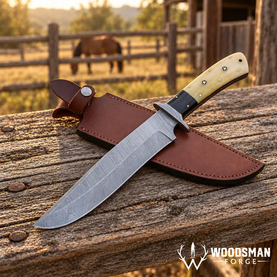 A fixed-blade hunting knife with a patterned steel blade, cream-colored handle scales, and a black bolster, resting on a brown leather sheath atop a rustic wooden fence. A horse is visible in the blurred background.