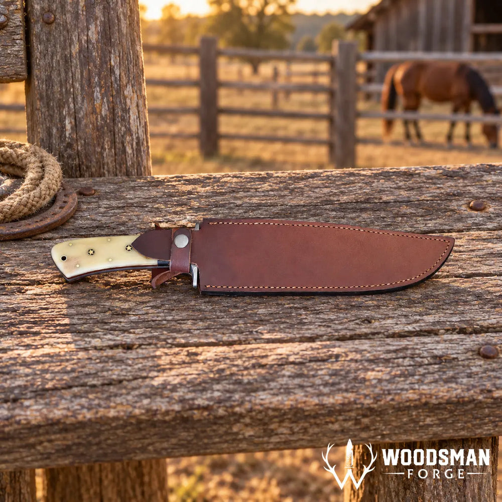 A fixed-blade knife with a brass-colored handle and a brown leather sheath rests on a weathered wooden fence rail, with a rustic outdoor ranch scene and a horse blurred in the background. The Woodman Forge logo is visible in the bottom right corner.