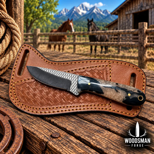A fixed-blade knife with a textured black blade and a marbled black-and-brown handle rests on a brown leather sheath on a rustic wooden table. The background shows a blurred outdoor scene with horses, a barn, and mountains, with the Woods Forge logo in the bottom right corner.