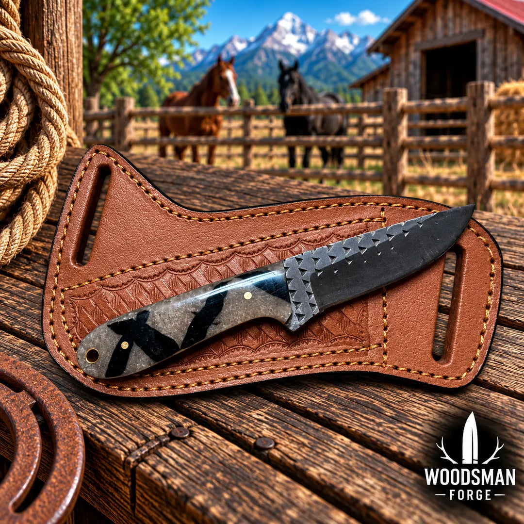 A fixed-blade knife with a textured black blade and a patterned gray and black handle, resting in a brown leather sheath on a wooden table. The background shows a blurred outdoor scene with horses, a barn, and mountains.