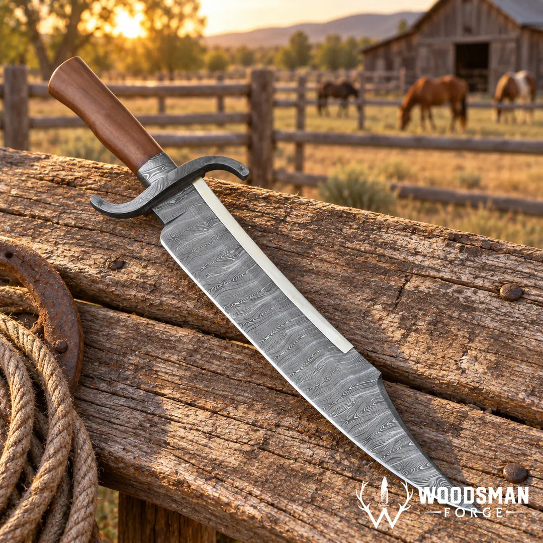 A large fixed-blade knife with a patterned steel blade, curved guard, and brown wooden handle rests on a rustic wooden fence in a cowboy ranch setting at sunset. A Woodsman Forge logo is visible in the bottom right corner.