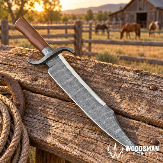 A large fixed-blade knife with a patterned steel blade, curved guard, and brown wooden handle rests on a rustic wooden fence in a cowboy ranch setting at sunset. A Woodsman Forge logo is visible in the bottom right corner.