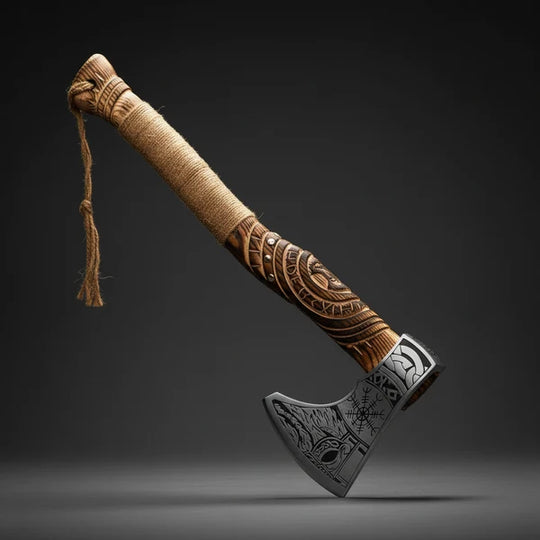 Hand Engraved Norse Viking Axe with Carved Wood Handle &amp; Rope Wrap