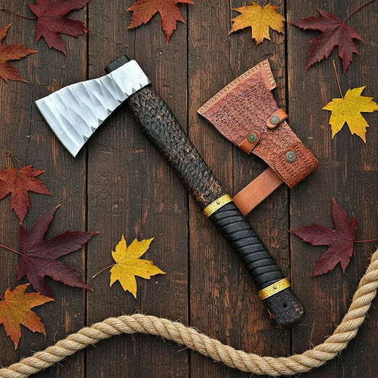 Hand Forged Viking Axe with Leather Wrapped Handle &amp; Tooled Sheath