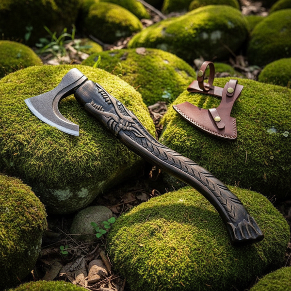 Hand Forged Viking Bearded Axe with Carved Norse Dragon Handle