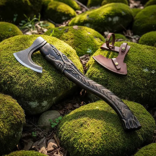 Hand Forged Viking Bearded Axe with Carved Norse Dragon Handle WOODSMAN FORGE