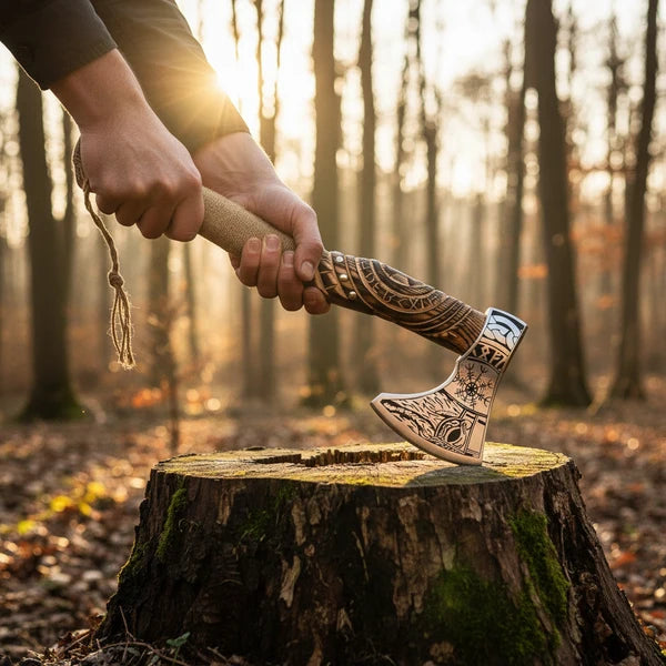 Hand Engraved Norse Viking Axe with Carved Wood Handle &amp; Rope Wrap