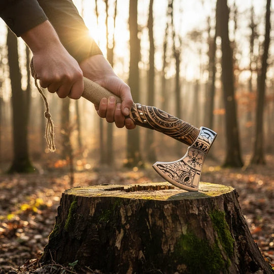 Hand Engraved Norse Viking Axe with Carved Wood Handle &amp; Rope Wrap