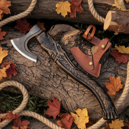 Hand Forged Viking Bearded Axe with Carved Norse Dragon Handle