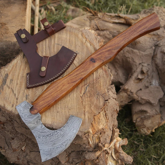 Hand Forged Damascus Viking Bearded Axe with Rosewood Handle