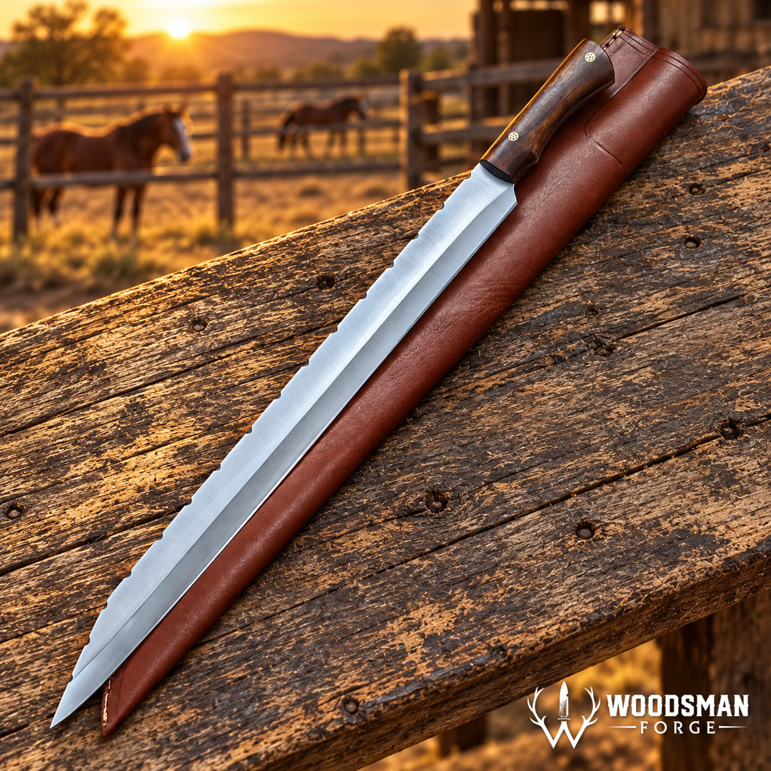 A large fixed-blade knife with a silver serrated blade and brown wooden handle, shown resting diagonally on a weathered wooden plank next to a brown leather sheath. The background is a blurred outdoor ranch scene at sunset with horses visible in a fence.