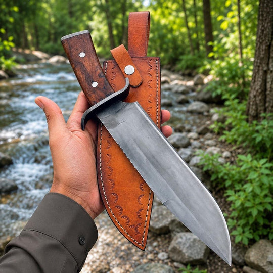 Hand Forged Bowie Hunting Knife with Wooden Handle &amp; Leather Sheath