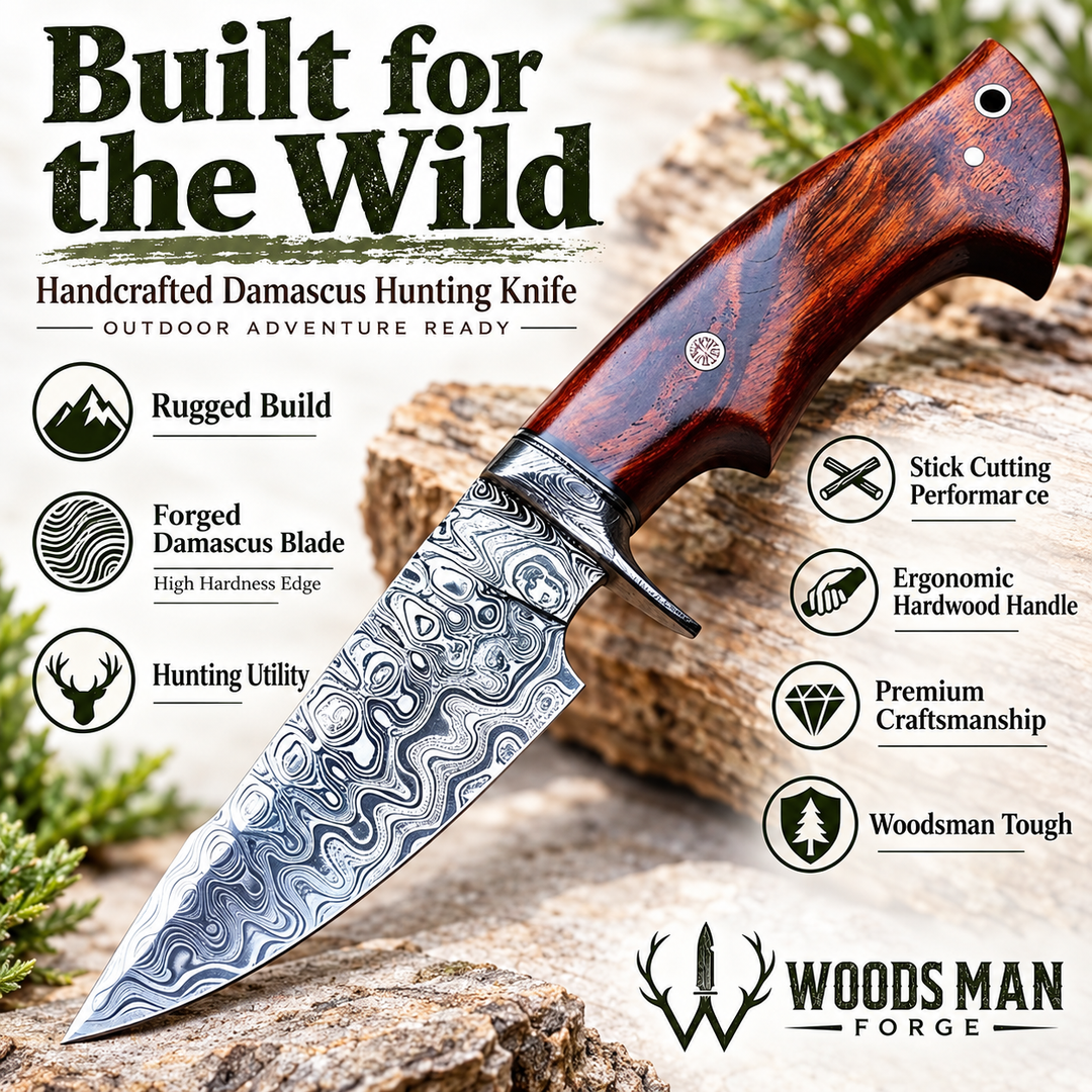 Hunting Damascus Knife Fixed Blade 10" Handmade Patented - Predator Hunter WOODSMAN FORGE
