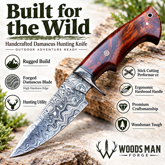 Hunting Damascus Knife Fixed Blade 10" Handmade Patented - Predator Hunter WOODSMAN FORGE