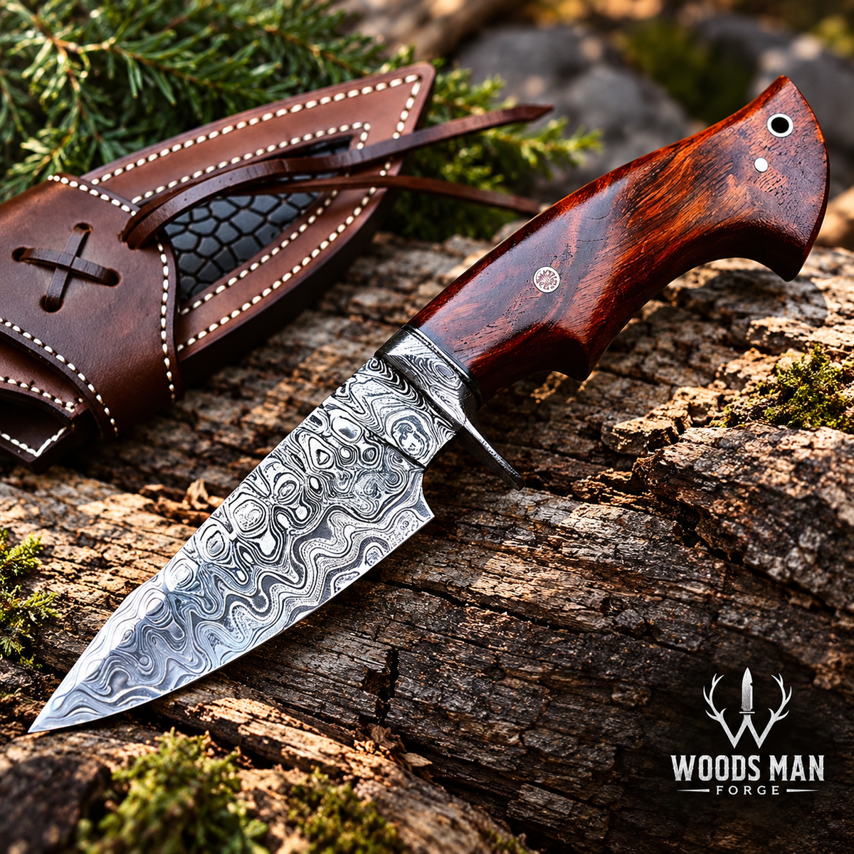 Handmade Damascus steel hunting knife with hardwood handle by Woodsman Forge