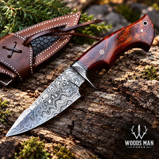 Handmade Damascus steel hunting knife with hardwood handle by Woodsman Forge